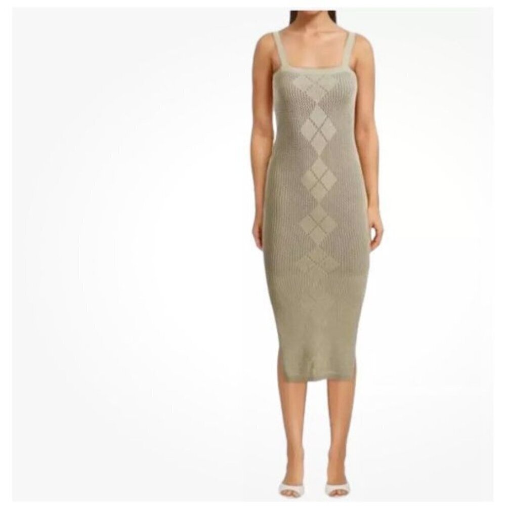 NWT Naadam Women's Argyle Pointelle Knit Midi Dress Sage Green Size XS